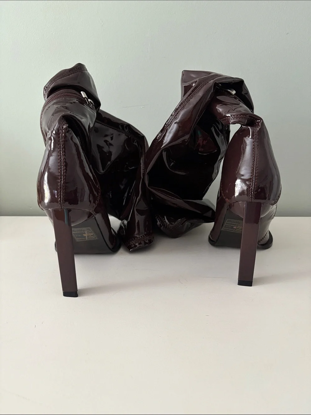 Patent Over-the-Knee Stiletto Boots in Dark Brown